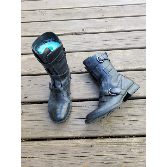 Born Shoes - Born Alamid Moto Boots Navy Blue Leather Multi Strap Buckle Mid Calf Size 7.5M